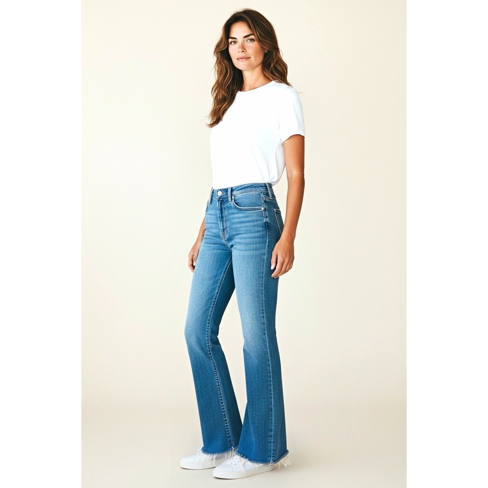 MOTHER The Hustler High Rise Flared Ankle Fray Medium Wash Blue Jeans 29